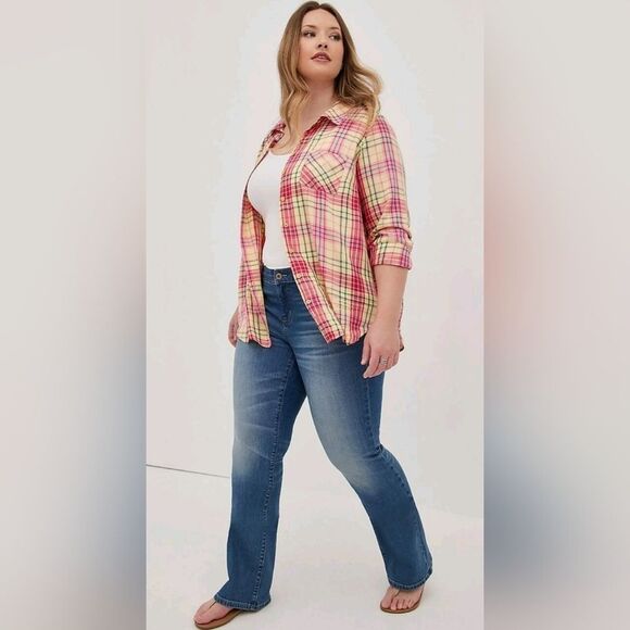 Torrid Lizzie Yellow And Pink Plaid Button-Up Shirt - Picture 1 of 7